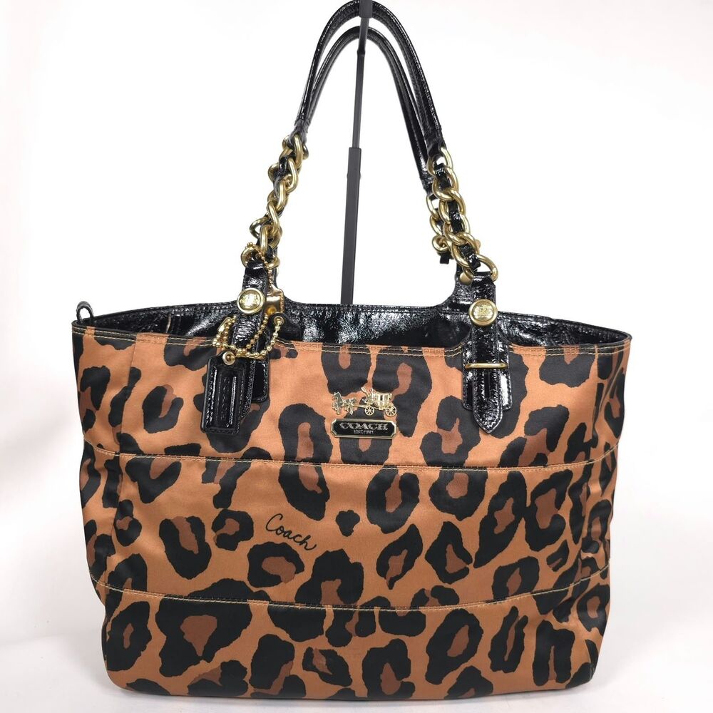 COACH Women’s Shoulder Bag Leopard Chain Strap Gold Hardware Brown Black 15554